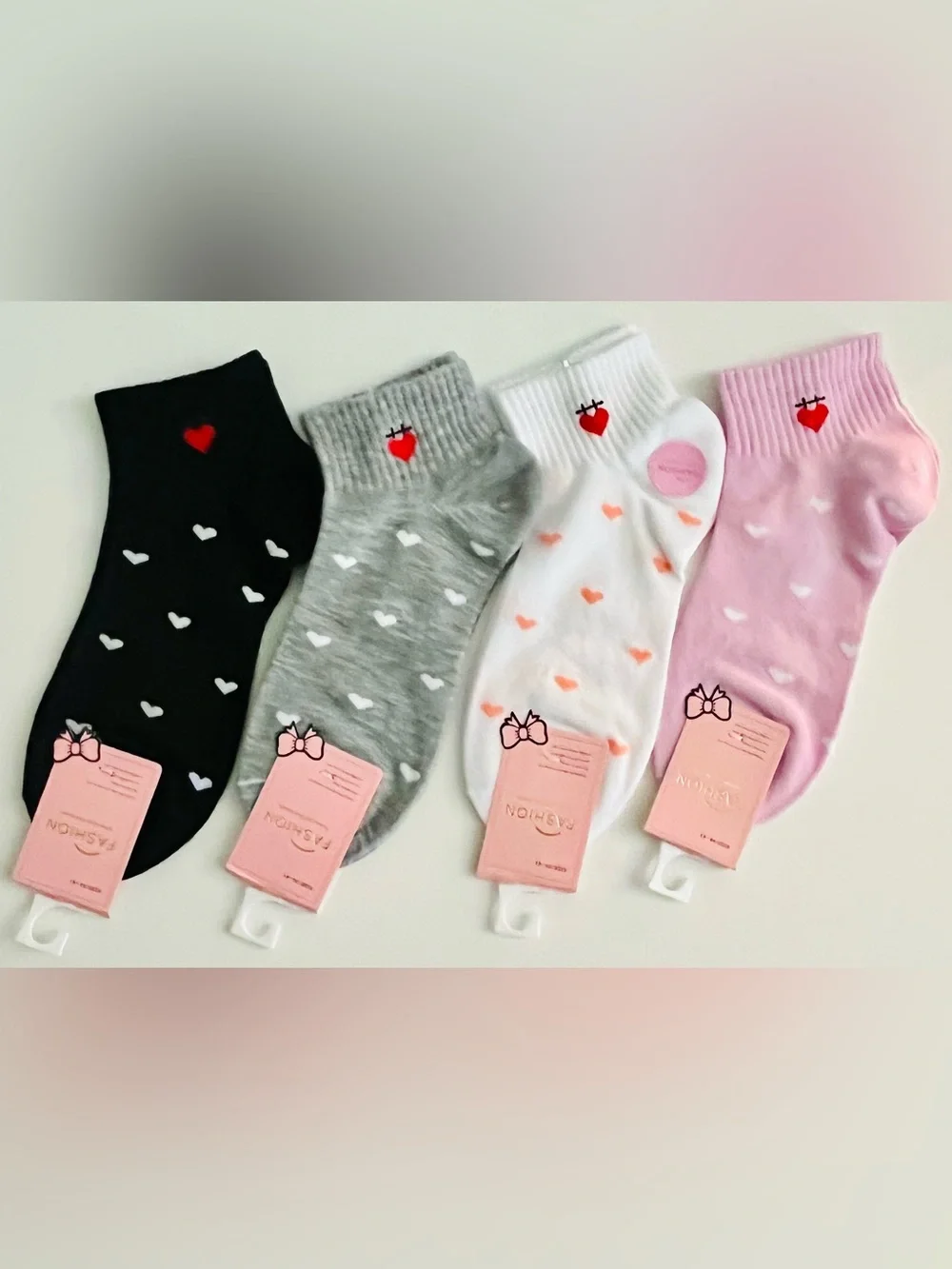 Women’s Heart Pattern Ankle Socks - 4 Pack Black, Gray, White, Pink